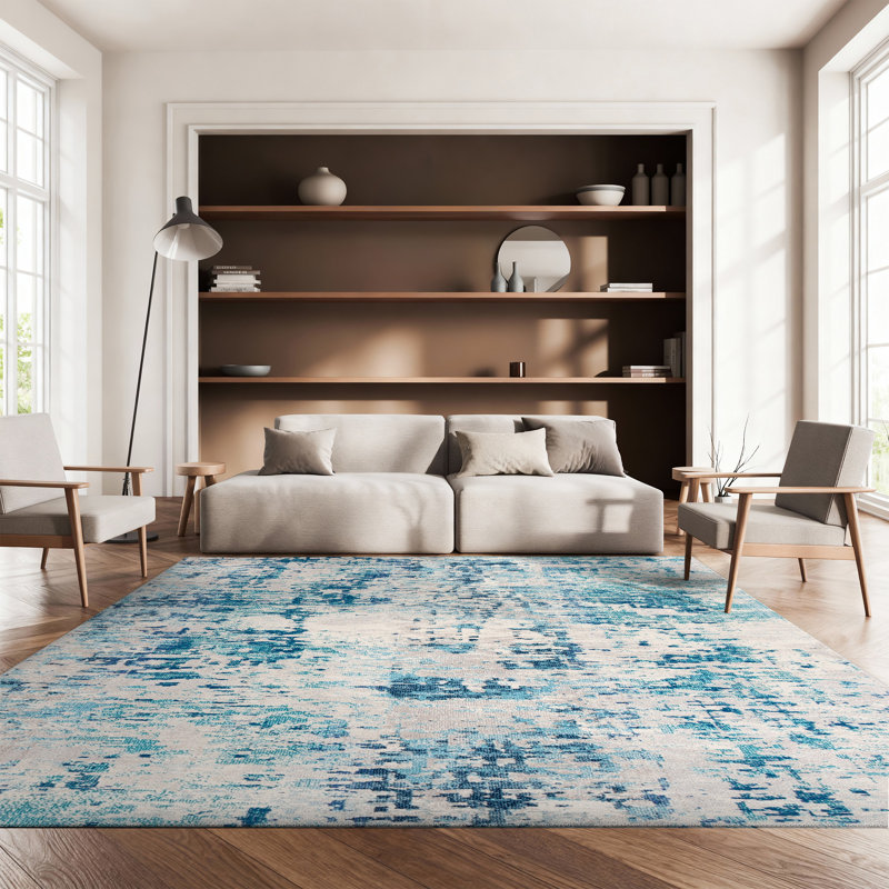 Tapis gris / bleu Gammage, Ivory/Turquoise, Rectangle 8 pi x 10 pi