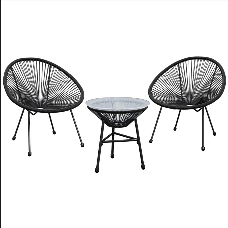 3-Piece Acapulco Wicker Patio Bistro Set With 2 Black Chairs & Glass Table, Black