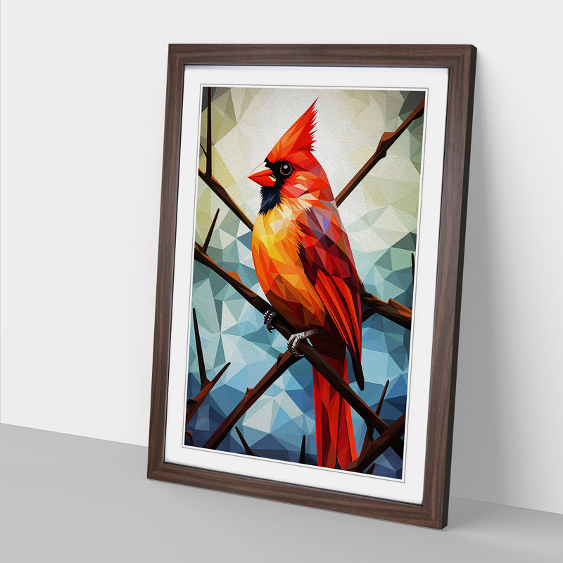 Cardinal Bird Geometric - Single Picture Frame Print on Wood, 64cm H x 46cm W x 2cm D, Walnut Framed
