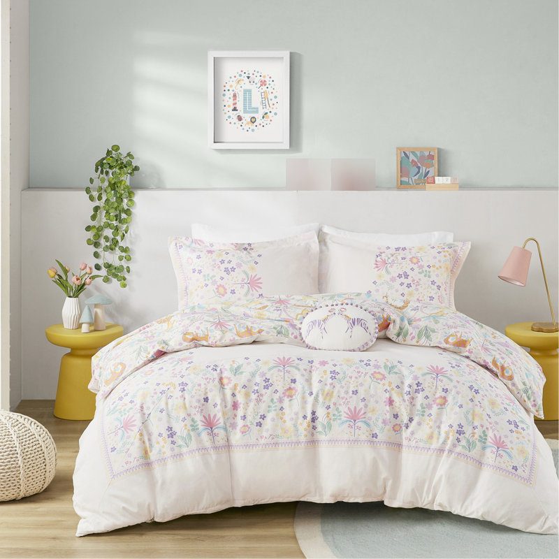 Housse de couette réversible pour lit simple en coton avec motifs floraux joyeux et jungle