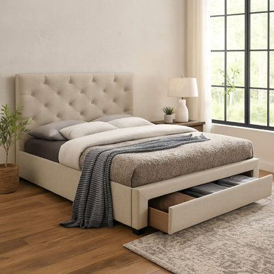 Sya Queen Size Bed W Button Tufted Upholstery, Underbed Storage, Beige