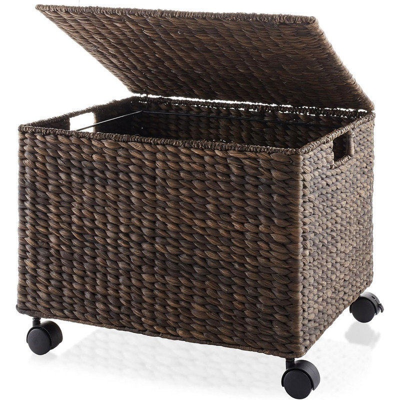 Rolling Filing Cabinet, Espresso - Water Hyacinth File Organizer with Lid and Locking Wheels, Cabinets for Hanging Folders
