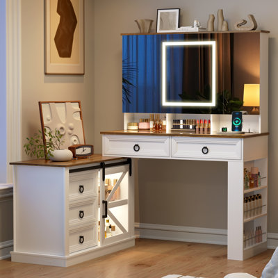39" Oversized Makeup Mirror Vanity Table - Large Storage Side Cabinet With Tri-Color LED Smart Power Outlet