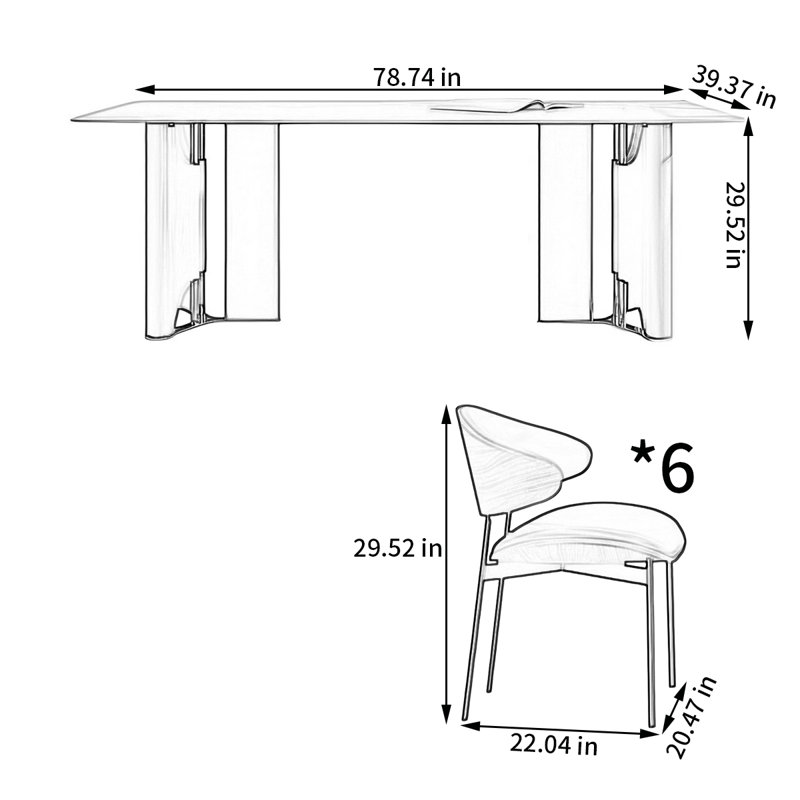 Ensemble de table rectangulaire moderne avec chaises, H 29,52 po x L 78,74 po x l 39,37 po