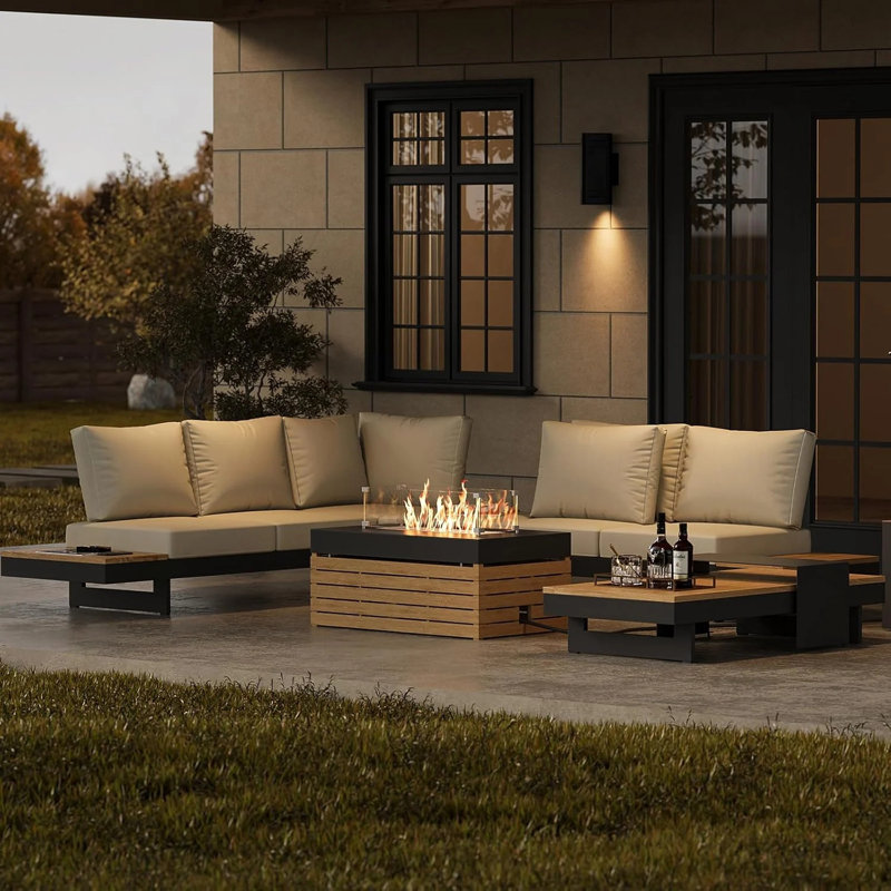 Ensemble de canapés modulaires pour l'extérieur avec table de foyer sans fumée, ensemble de conversation de terrasse de 50 000 BTU certifié CSA avec plateau en teck et coussins imperméables