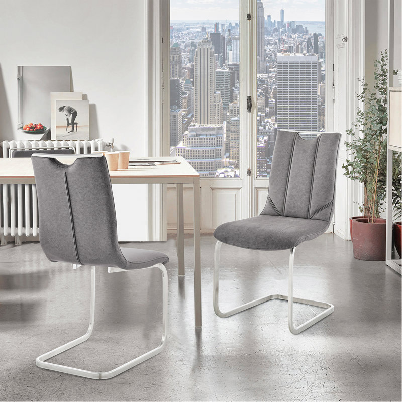 Chaise d'appoint de salle à manger en tissu gris et finition en acier inoxydable brossé - ensemble de 2