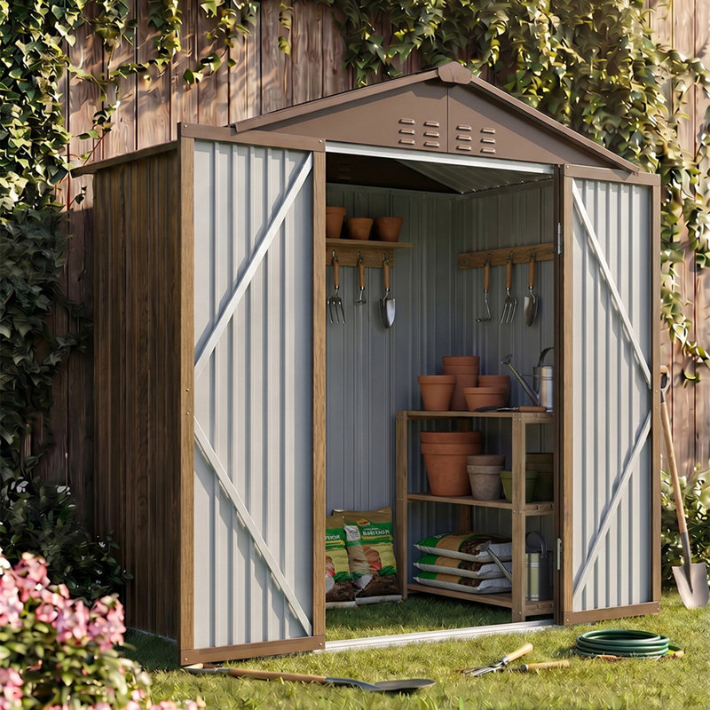 4x6FT Metal Garden Storage Shed with Lockable Door, Nature Wood