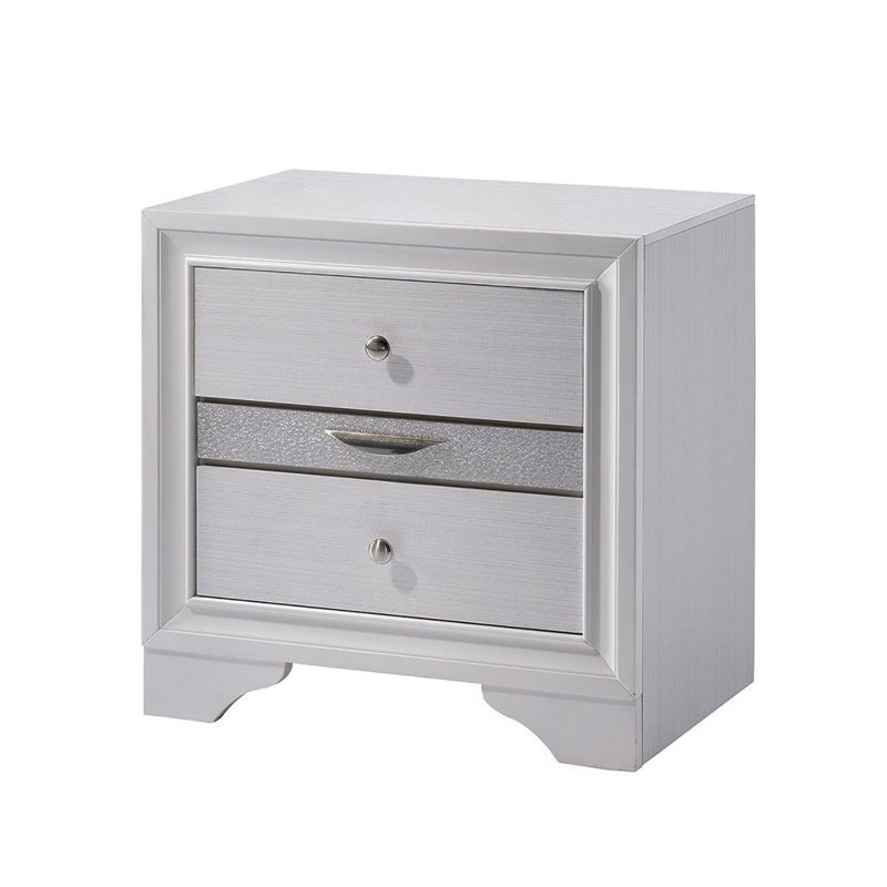 Table de chevet 3 tiroirs en bois avec boutons ronds en nickel, blanc, White