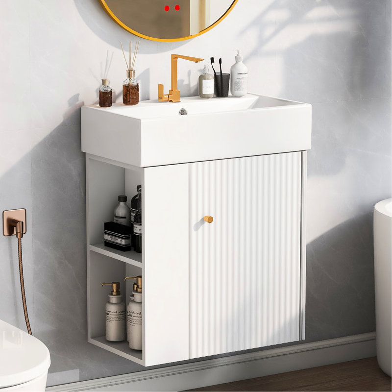 Meuble-lavabo de salle de bain avec lavabo en céramique 21,6 po - Compartiment de rangement du côté gauche, style contemporain, support de lavabo blanc, style moderne,