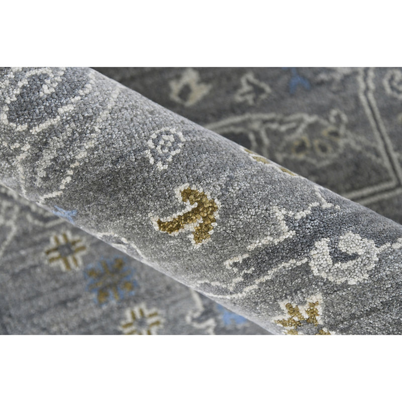 Tapis gris / bleu en laine noué à la main Hillard, Rectangle de 10 pi x 14 pi