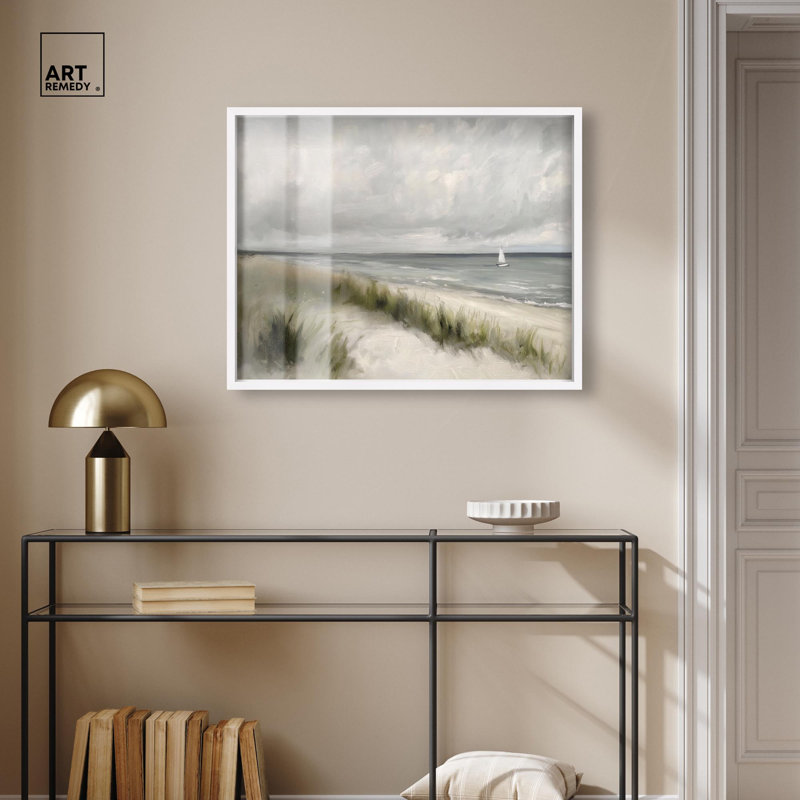 «Seascape in Passing Shadowbox», art côtier rétro par Art Remedy, cadre noir, 20 x 16, H 25 po x l 31 po, Cadre blanc