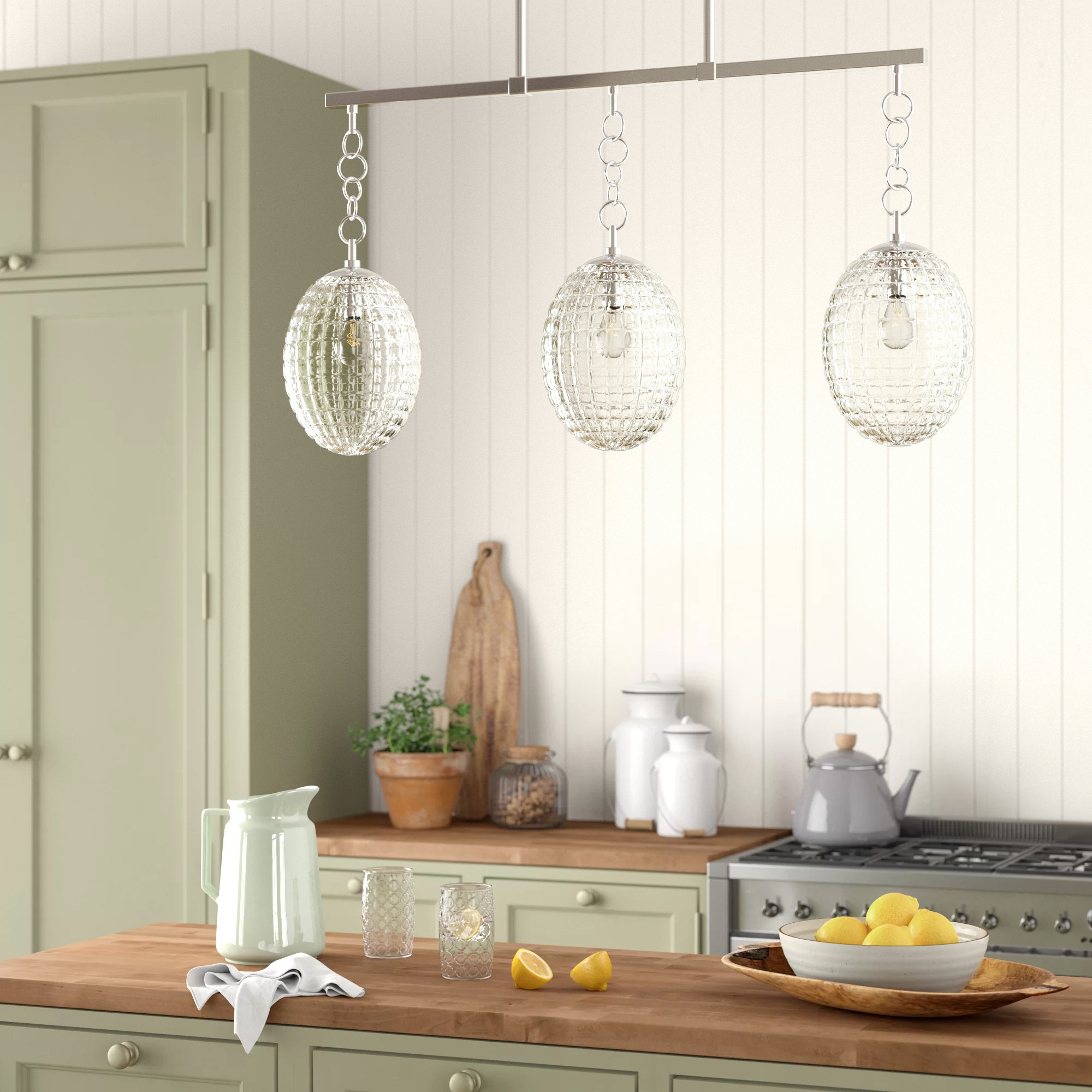 Akio 3 Light Ribbed Glass Dimmable Pendant, Polished Nickel