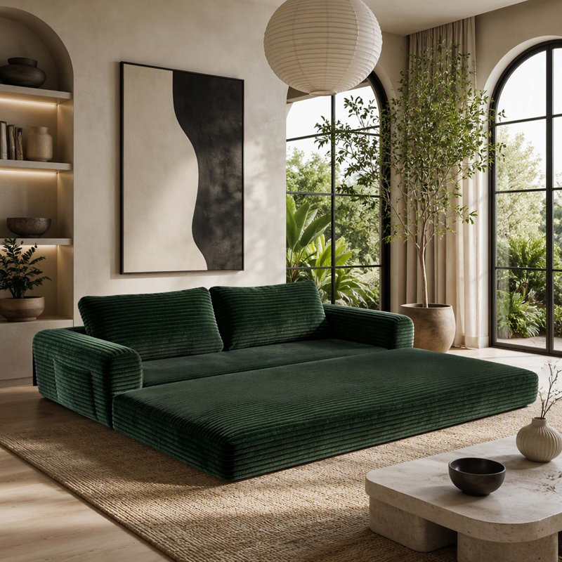 76 Inch Convertible Futon Sofa Bed,Folding Boneless Couches with Sleeper Sofa,Fold Out Floor Sofa Couch with Deep Seat,Cloud Corduroy Foldable Mattress Couch for Living Room,Green