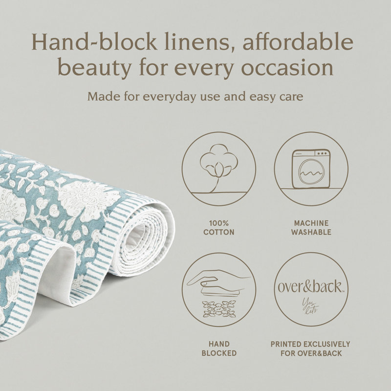 over&back Hand-Blocked Printed Cotton Table Runner, 18" W x 108" L, Blue Floral