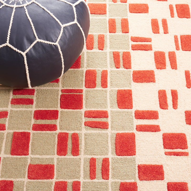 Elswick Geometric Hand Tufted Wool/Cotton Area Rug in Gray/Red/Beige, Rectangle 3' x 5'