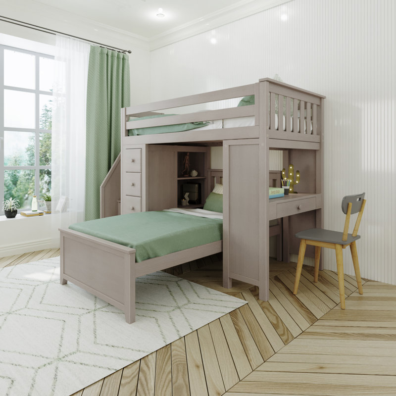 Lits simples superposés en L en bois massif avec bibliothèque 8 tiroirs Brit, Pierre