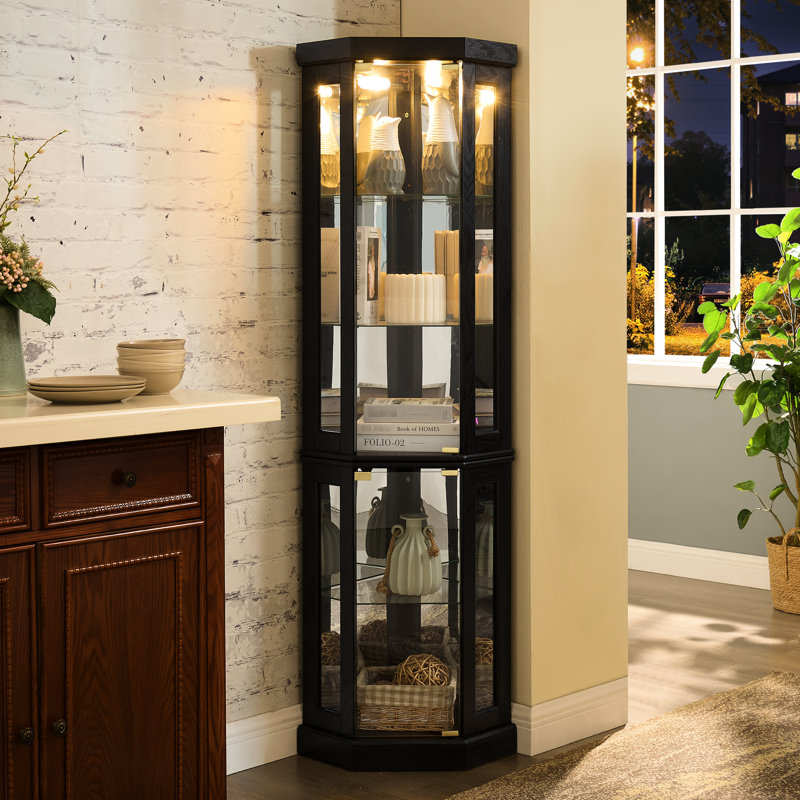 Rangement de coin éclairé pour le salon, tablettes réglables, portes vitrées à fermeture latérale, armoire vitrée à panneaux en miroir avec objets décoratifs, courbée gracieusement, capacité de poids élevée, assemblage facile