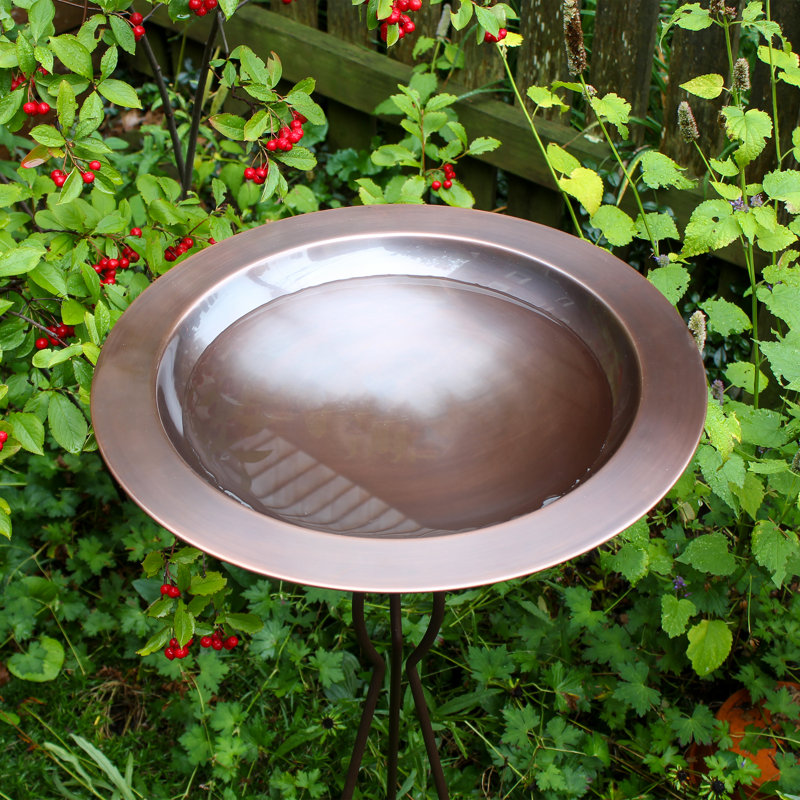 Antique Copper Birdbath with Bronze Wrought Iron Tripod Stake