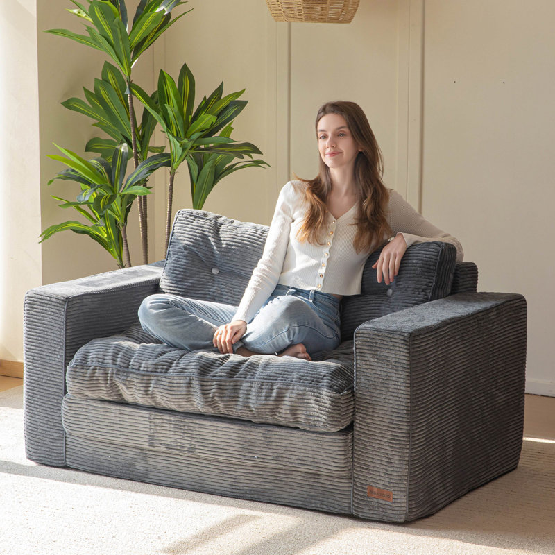 Canapé Bean Bag, causeuse de plancher, Velours côtelé gris foncé, H 29,5 po x l 55,5 po x P 32 po