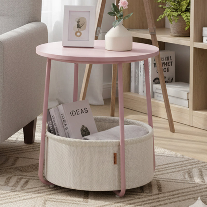  Table de bout ronde de 18 po avec panier de rangement en tissu, table de chevet moderne pour petits espaces, Rose