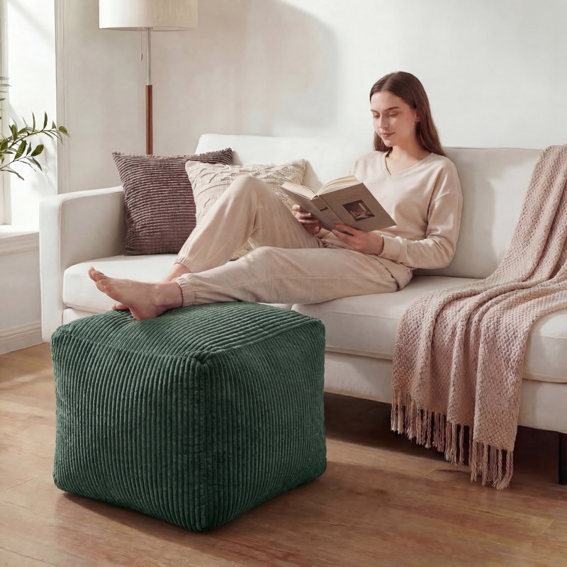 Stuffed Square Corduroy Pouf Ottoman, Shredded Foam Filled Footrest With Non-Slip Rubber Grips, Soft Fluffy & Easy To Move, Versatile Footstool For Couch