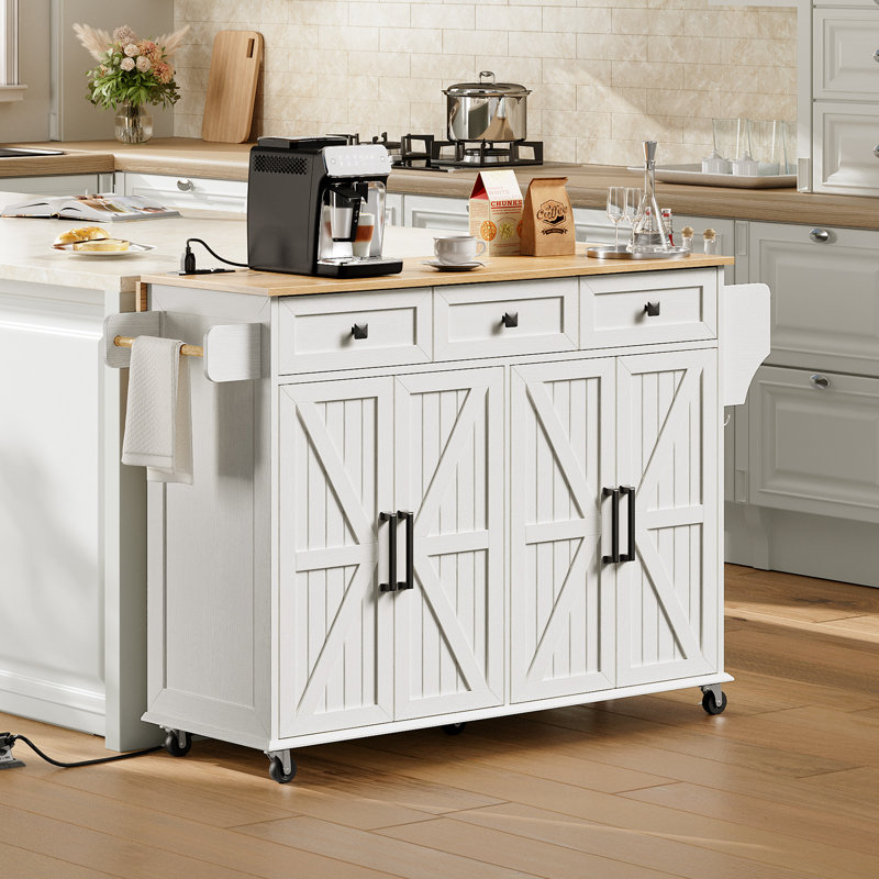 43.7'' Kitchen Island with Drop Leaf and Power Outlet, Rolling Kitchen cart with Storage and Adjustable Shelving, White