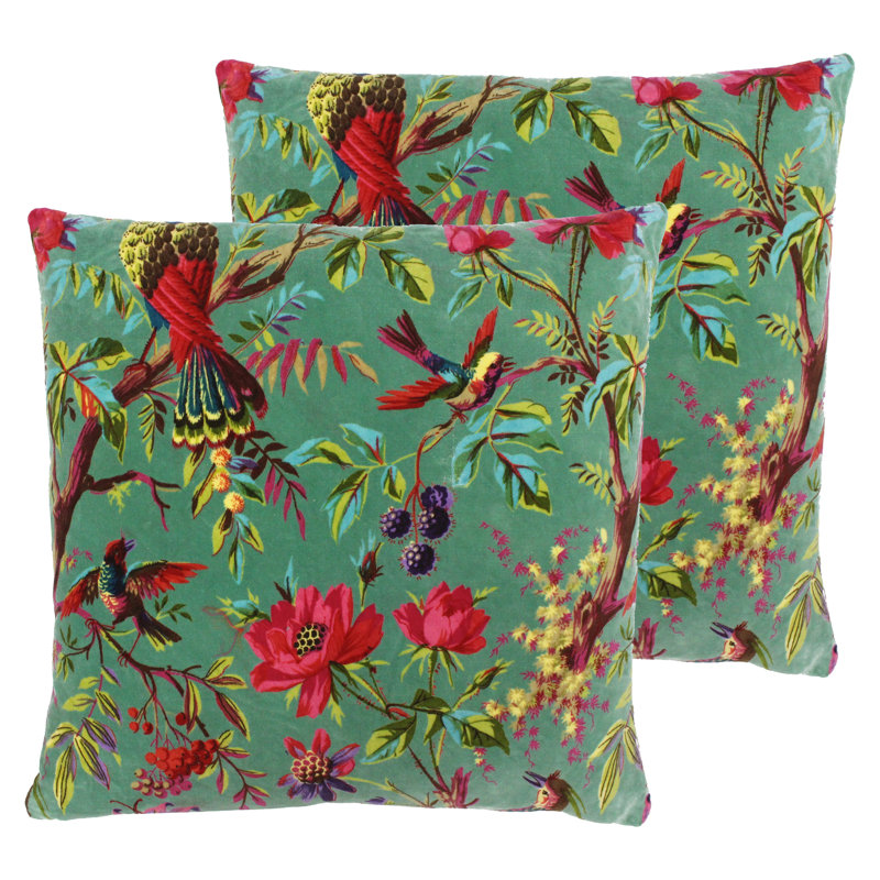  Floral Cotton Velvet Filled Cushion Twin Pack, Aqua