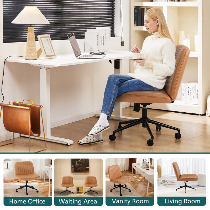 Avicia 26" Wide Seat Criss Cross Legged Office Chair, Armless Office Desk Chair With Wheels, Brown Leather