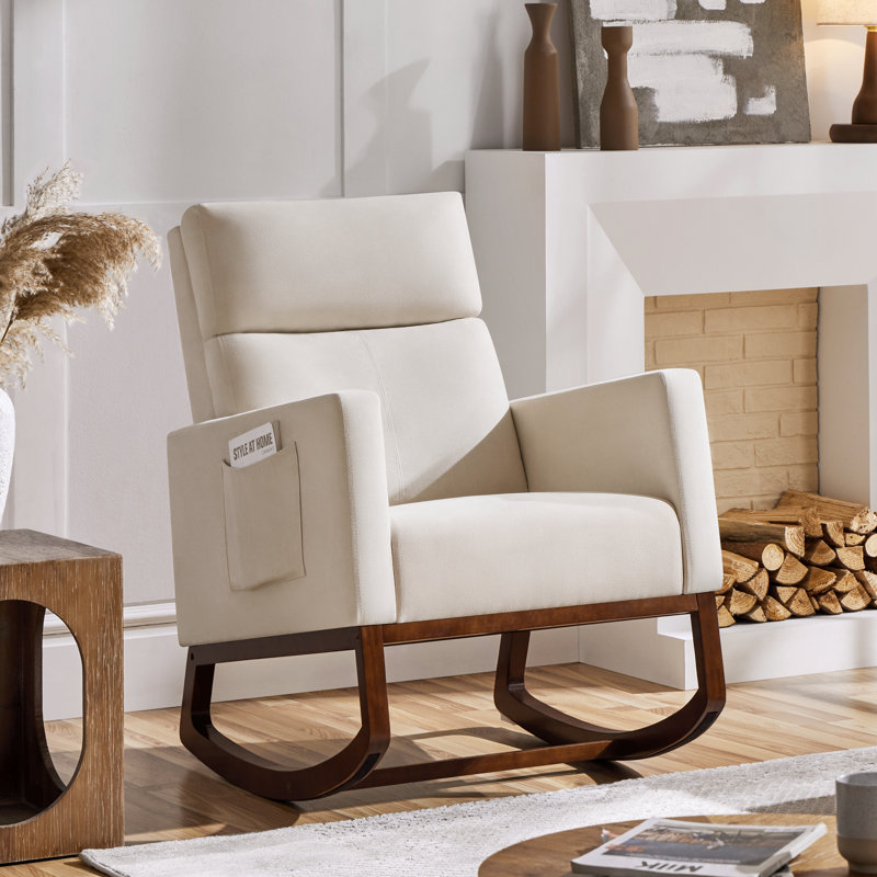 Chaise berçante moderne à dossier haut avec pieds en bois massif, Beige