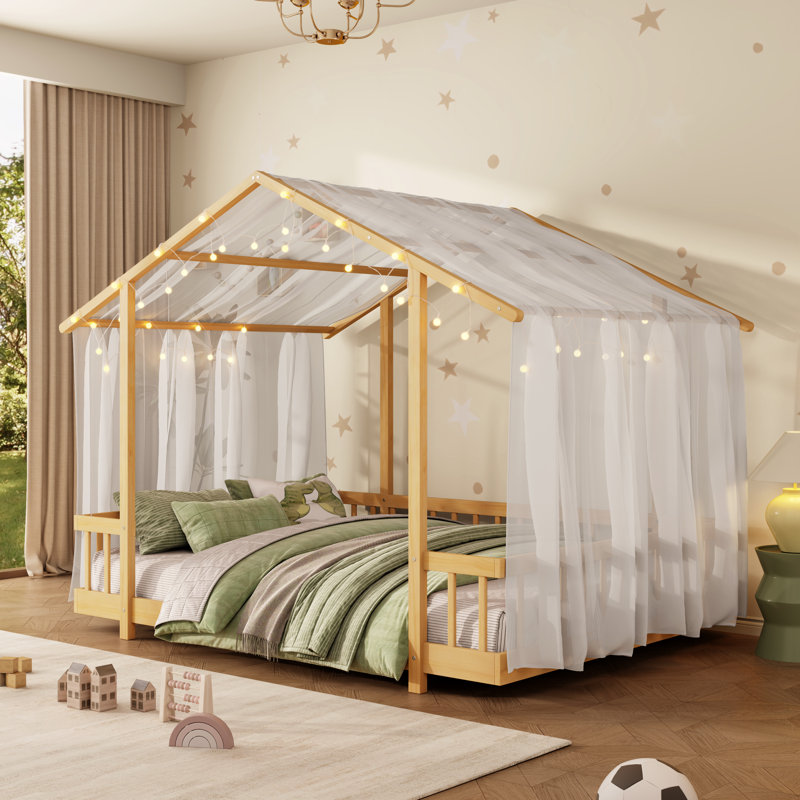 Lit plateforme à baldaquin double avec baldaquin en tissu transparent et guirlande lumineuse, naturel, Naturel