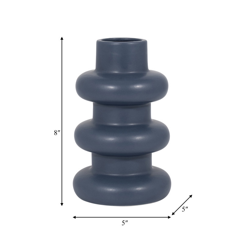 8'' Navy Blue Ribbed Ceramic Table Vase