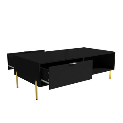 Mid-Century Modern Coffee Table With Double Drawers(Black)