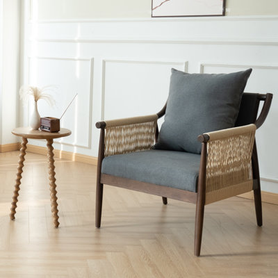 Fauteuil d'appoint moderne rembourré avec tissage en corde de papier, tissu en lin gris