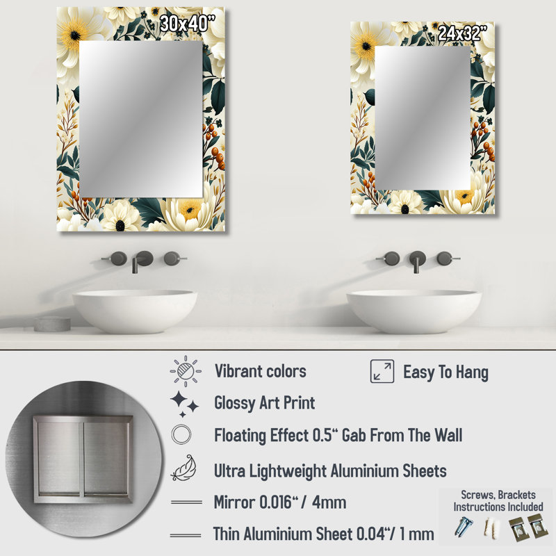 Arismendy Ivory Boho Chic Floral Pattern - Floral Unique Wall Mirror Decor, Floral Large Mirror, Printed Metal Art, 32" x 24"