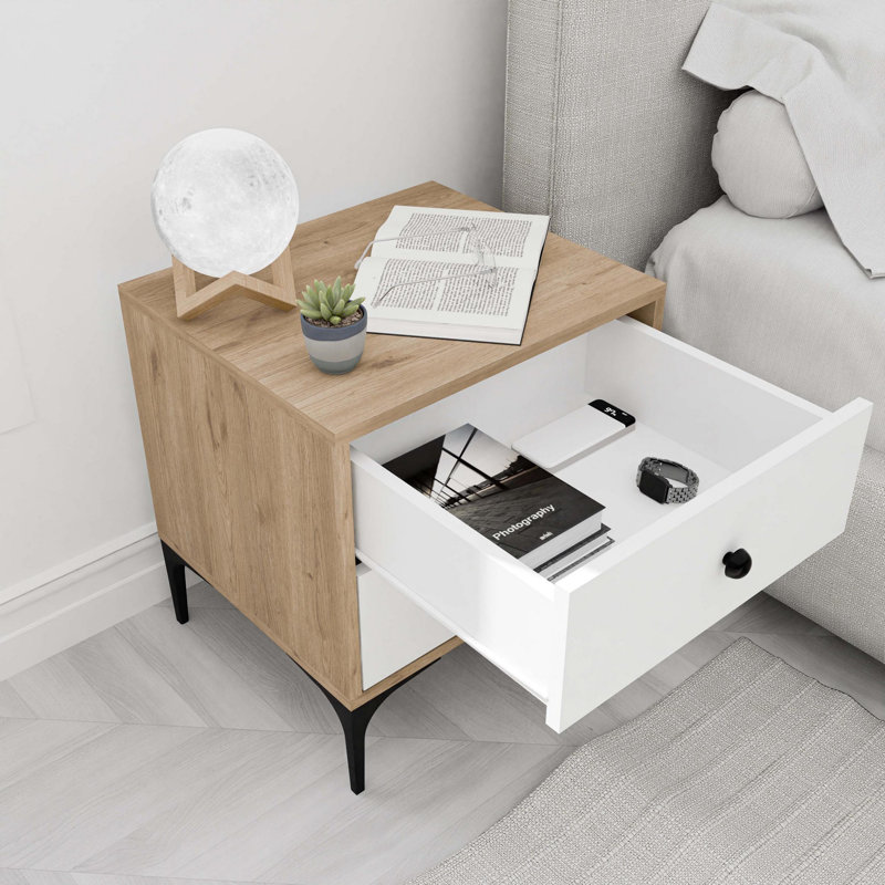 Table de chevet moderne avec option de fixation murale, chêne et blanc, 20,5 po x 22,1 po x 17,7 po | Panneau de particules 100% mélaminé | Comprend plusieurs tablettes, conception robuste, idéale pour le rangement et la décoration de la chambre à c