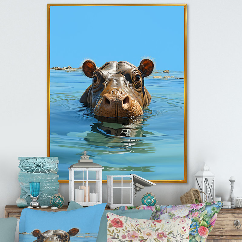 Gris, joyeux hippopotame - Hippopotame, art mural, Cadre flottant doré, 20" H x 12" W