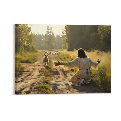 Shepherd & Lamb Scene,Built-In Back Wood Frame,Inspirational Wall Art, 36W X 24L