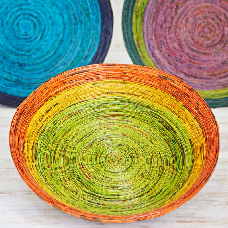 Handmade Paper Decorative Bowl 1, 6.5cm H x 16.5cm W x 16.5cm D, Orange/Yellow/Green