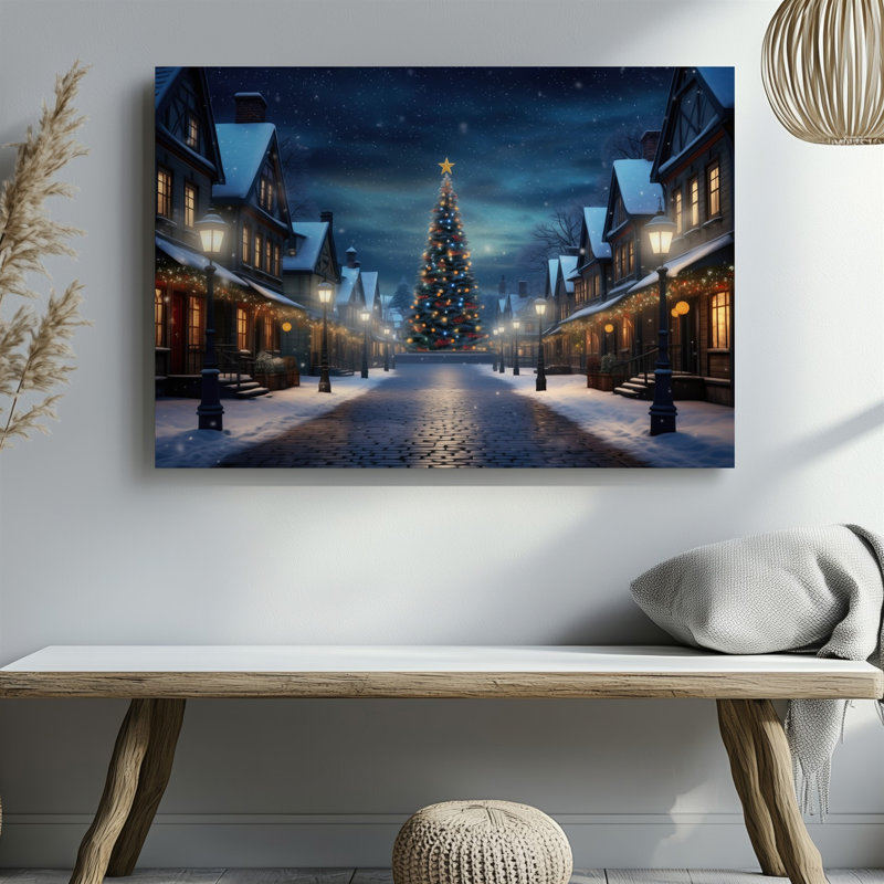 Toile, "Un charmant village d'hiver illuminé par une nuit étoilée", art mural avec un grand arbre de Noël décoré sur toile