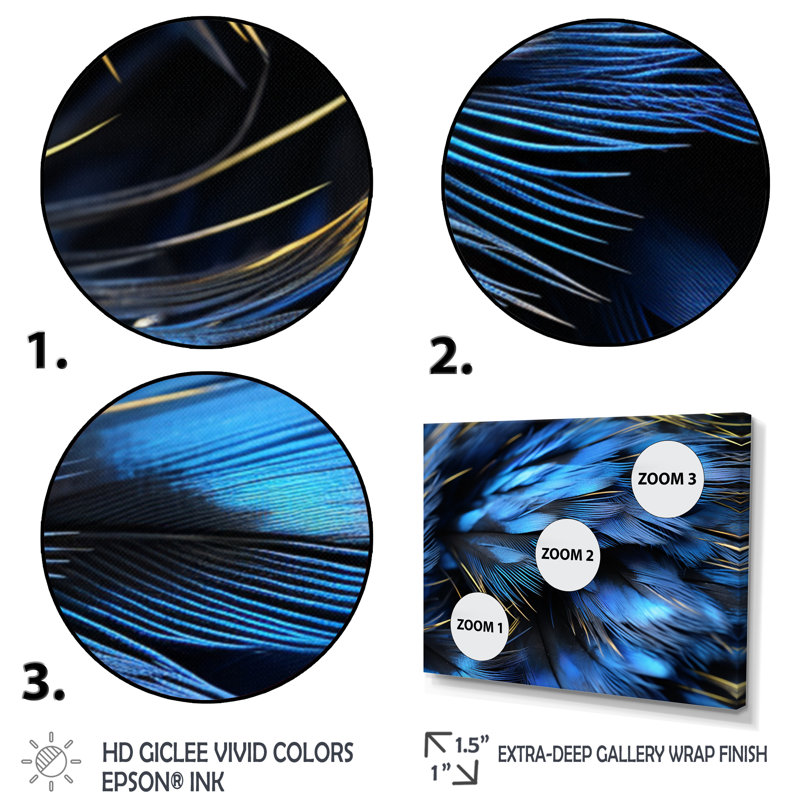Blue Heron Feathers Of Light II - Animals Canvas Wall Art, Encadrement doré, H 12 po x l 20 po x P 1 po