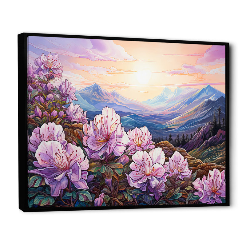 Champ de rhododendrons roses en montagne - impression, H 24 po x l 32 po x P 1 po, Cadre flottant noir