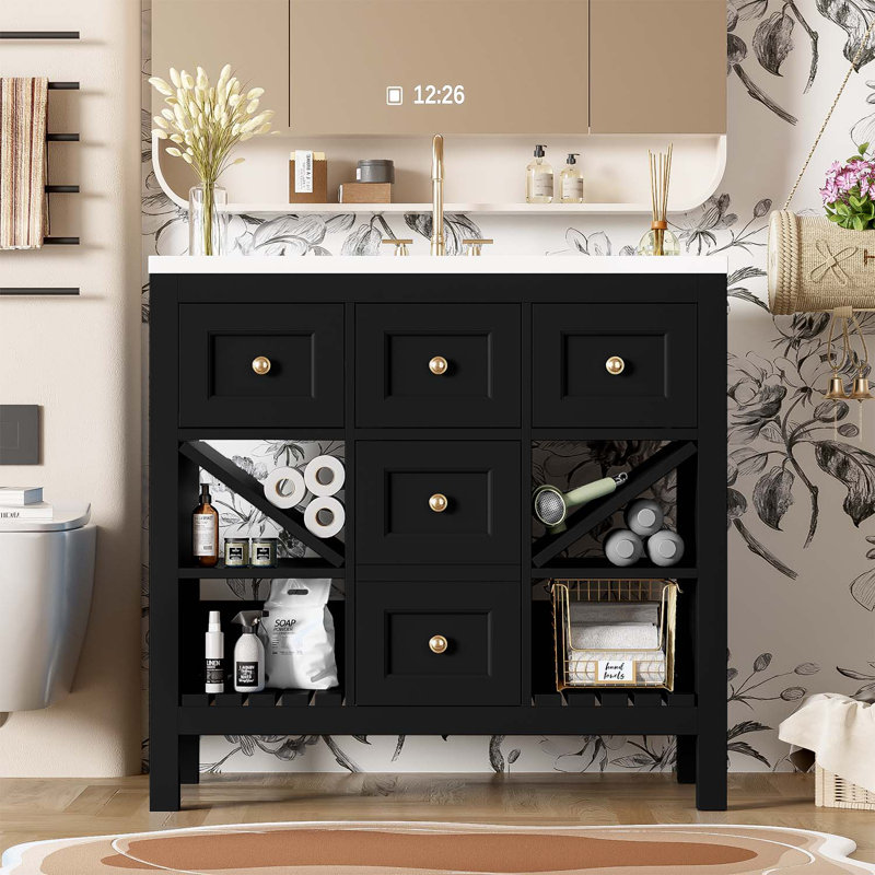 Ensemble de meuble-lavabo autoportant avec 5 tiroirs et portes à fermeture douce, Noir, noir, noir, noir