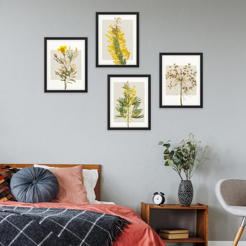 Fleurs encadrées, ensemble de 4 impressions géométriques murales carrées jaunes encadrées sur papier, impression de 4 pièces