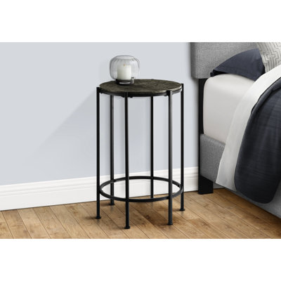 Élégante table d'appoint en stratifié bronze foncé avec base en métal noir, idéale pour la chambre à coucher