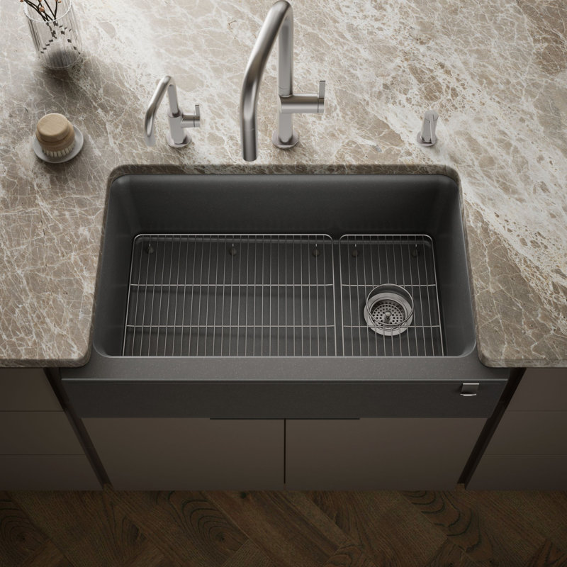 Cairn Undermount Single-Bowl Farmhouse Kitchen Sink, Matte Graphite, Glossy