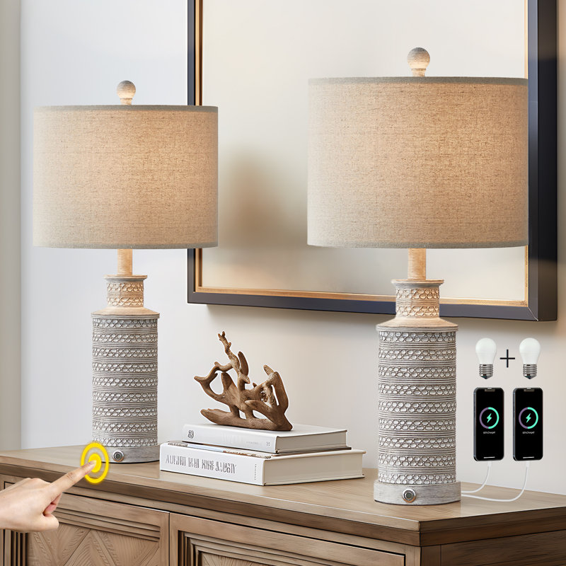 24.5" Beige and Gray Resin Farmhouse Table Lamp Set