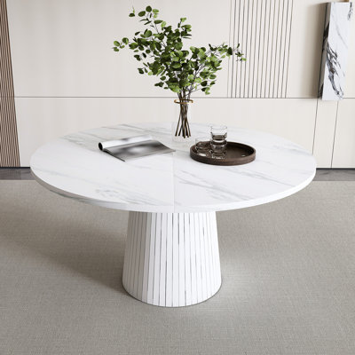 Table de salle à manger de 47 pouces en panneau de fibres à densité moyenne pour 4 personnes, table de cuisine de style campagnard moderne avec base en bois, table de salle à manger ronde en placage de marbre pour la cuisine et le salon