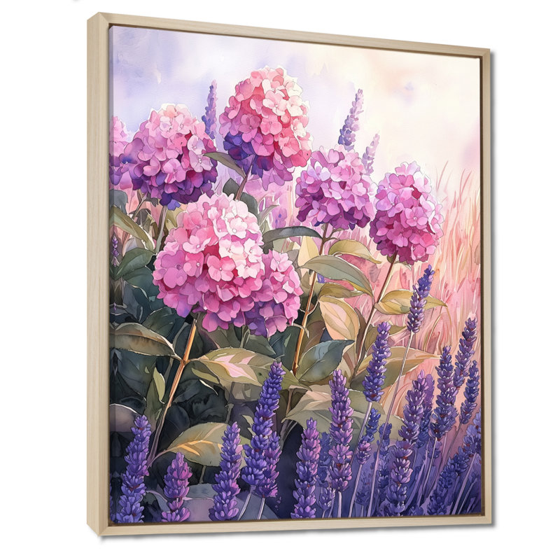 Elyse hortensias dans un champ de lavande I - hydrangées, art mural, H 40 po x l 30 po, Crème, crème