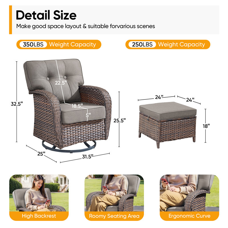 Ensemble de conversation d'extérieur rotin en osier pour 2 personnes avec repose-pieds Teebeck, Gris