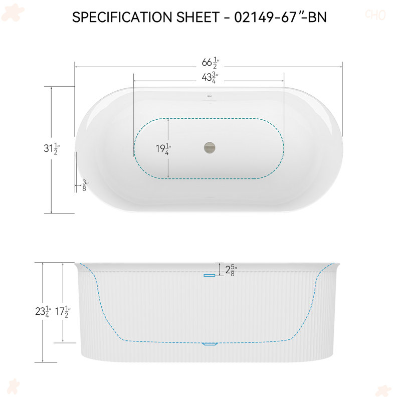 67" Fluted Style-Freestanding Bathtub With Integrated Slotted Overflow And Brushed Nickel Toe-Tap Drain